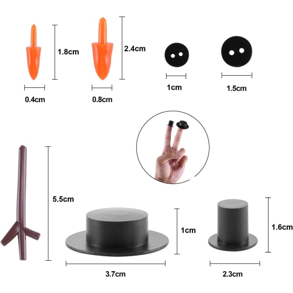 800 stk. DIY julemandssæt, inklusive 80 mini sorte bowlerhatte, 80 gulerodsformede næser, 160 snemandshænder og 480 små sorte knapper