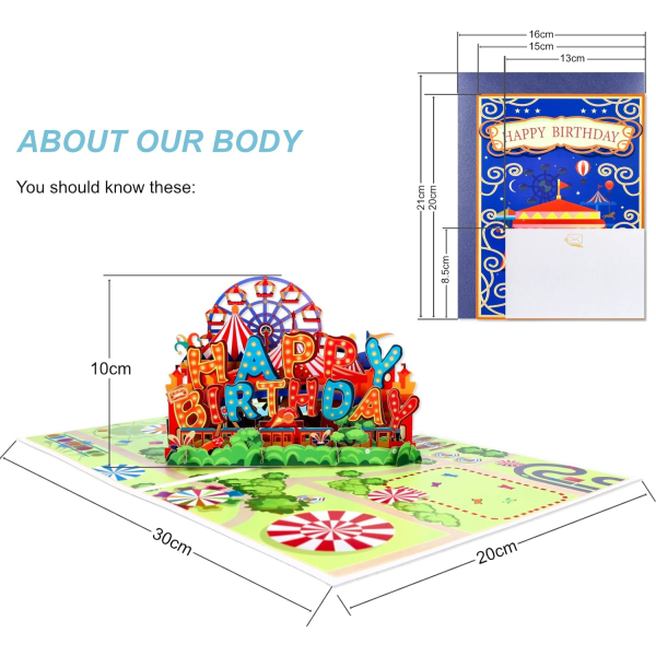 Grattis på födelsedagen-kort, 3D pop-up-kort med återvinningsbart kuvert, karneval födelsedagskort