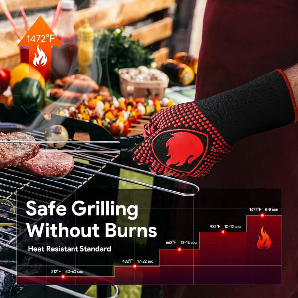 Värmebeständiga grillhandskar med 500 grader extremt värmebeständiga, ugnshandskar för bakning, grillning, matlagning, grillning (röd)