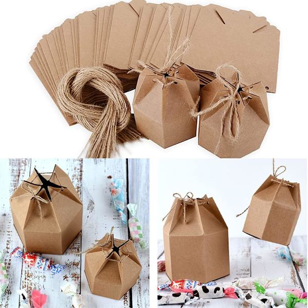 50 Kraft presentförpackningar, hexagonala kraftpappersgodisaskar, kartonggodisask för bröllop födelsedagsfest