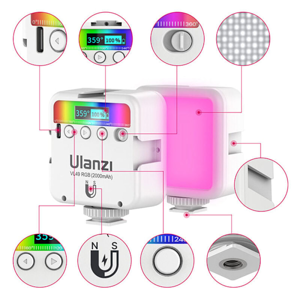 RGB VL49 RGB Videovalo, 360° LED-kameralamppu, Kannettava värivalokuvausvalo 3 kylmäkenkäkiinnikkeellä, säädettävä kirkkaus, ladattava 2000 mAh 250
