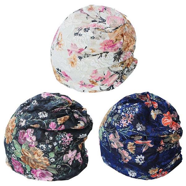 3-pack blommig spetsmössa, kemobeanie för kvinnor
