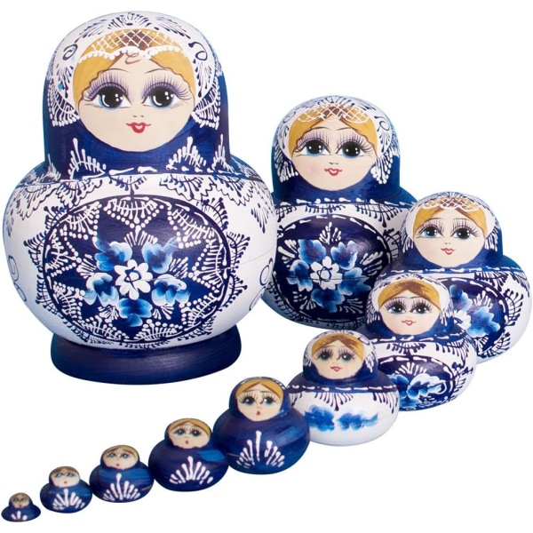 Pesivä nuket -brändi, 10 kappaletta, venäläinen Matryoshka-nukkesarja 10 kappaletta maalattu puinen venäläinen nukke? Käsityönä valmistettu,, lahjat, lelut（sininen）