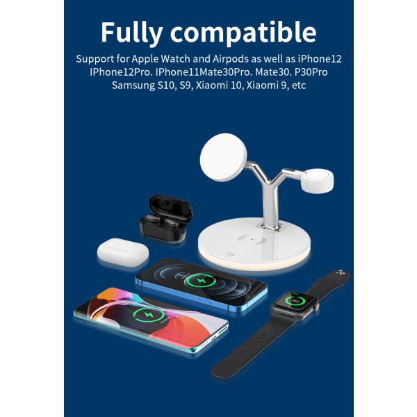 Ladestander Trådløs 3-i-1 mobiltelefonur Bluetooth Hurtig opladning Kilde - Farverig lys magnetisk sugning