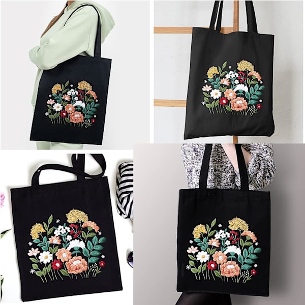 Svart canvas broderikit med mönster och instruktioner, broderistartkit, inklusive blommönster broderiväska, bambu broderiram, C