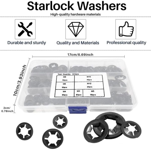 Sett med 340 låseringer M3/M4/M5/M6/M8/M10/M12 med Starlock-tenner, strammende rastehaker, svart sortiment