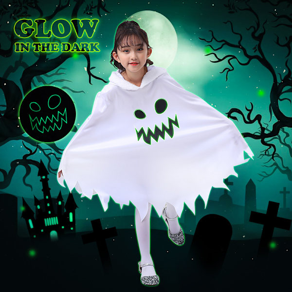 Barns Hvit Spøkelse Glødende Spøkelsesansikt Kappe Halloween Cosplay Temafest Kostyme (7-9 år gammel)