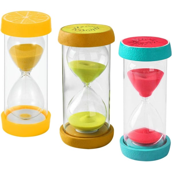 (3 stycken, röd, grön och gul). Färgglatt timglas, barn