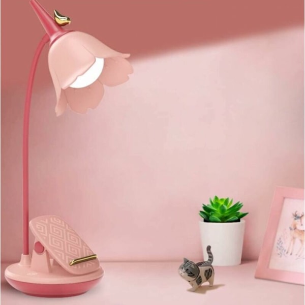 Rosa skrivbordslampa med klämma, liten uppladdningsbar LED-skrivbordslampa, justerbar svanhals, söt skrivbordslampa med variabel intensitet för barn flickor studentrum