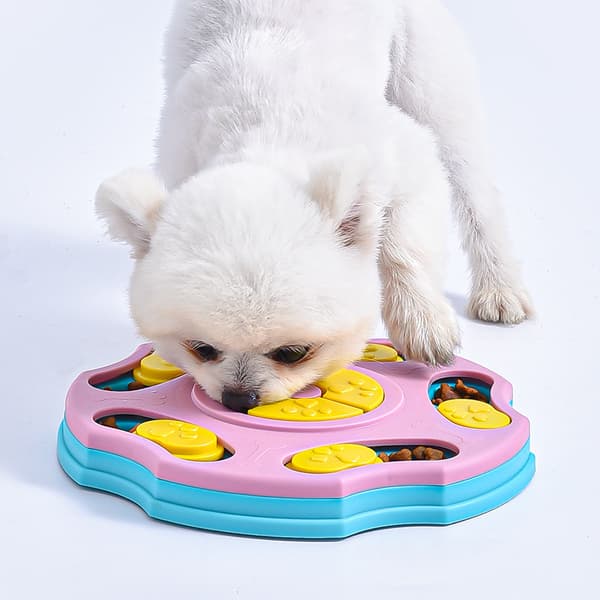 Blå hundematdispenser med godbitdispenser for valper