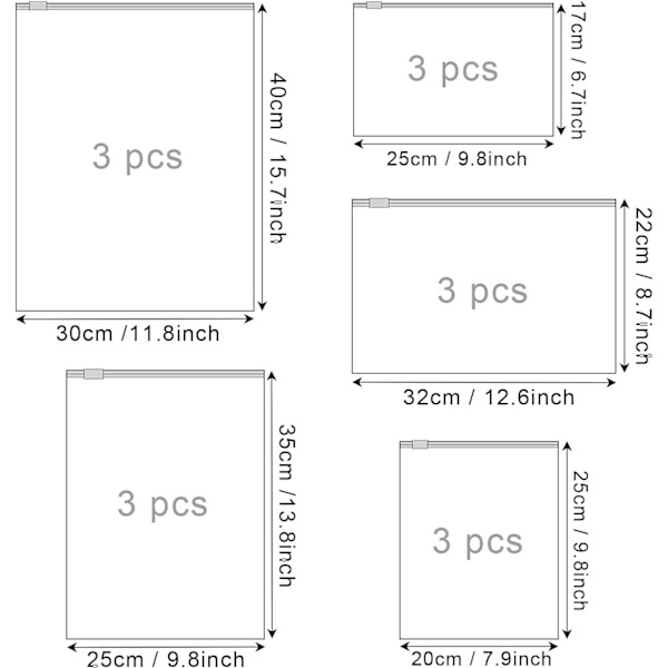 15-pack reseväskor (5 storlekar)
