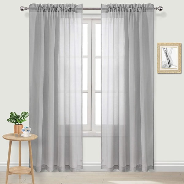 Grå tylgardiner, semi-transparente tylgardiner med stang til soveværelse og stue, 137 x 213 cm lange, sæt med 2