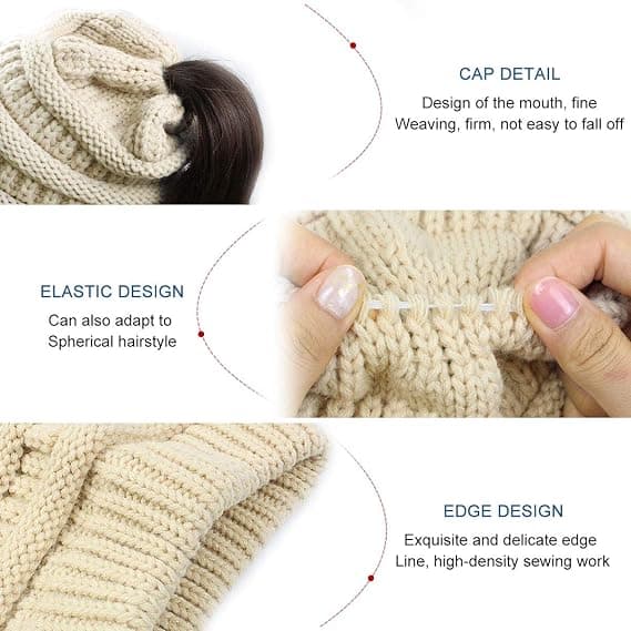 Vinter Dam Ponnytail Mössa - Dam Ponnytail Mössa Kabel Stretch Stickad Mössa Vinter Utomhus Varm Messy Bun Mössa Med Hål