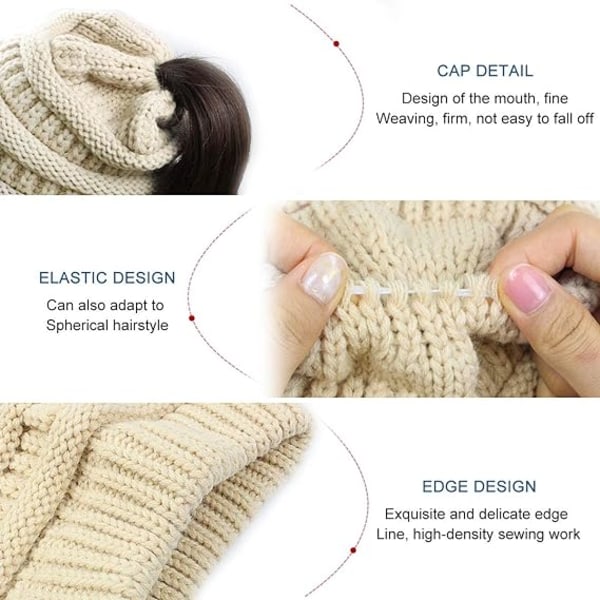 Winter Women Ponytail Hat - Women Ponytail Beanie Hat Cable Stretch Knit Cap Winter Outdoor Warm Messy Bun Hat with Hole