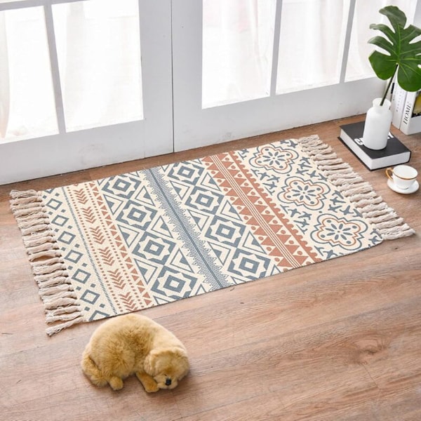 Inomhus- & utomhusmatta, bohemisk bomullsmatta med fransar, liten handvävd matta för sovrum vardagsrum, modern designmatta för hemmet, 60x90 cm