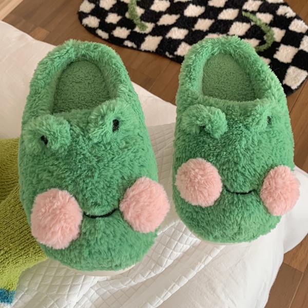 Kotitossut Naisten Söpö Piirretty Pieni Sammakko Pyöreä Varvas Puuvilla Tossut Talvi Makuuhuone Lämpimät Pehmeäpohjaiset Tossut 24.5cm