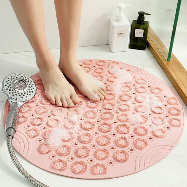 PVC Rund Massagebadmatta Halkskyddad Duschmatta Badrumsmatta Maskintvättbar Duschmatta Badkarsmatta med Avloppshål och Sugkoppar,55x55cm,Pin