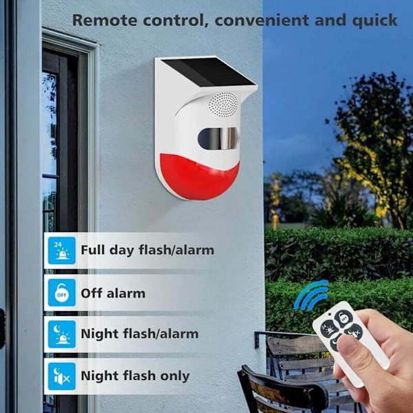 Solcellsdriven Stroboskopisk Larmlampa med Rörelsesensor Utomhuslarmsiren med Fjärrkontroll 120dB Hög Säkerhetssiren IP67 Vattentät och 4 Lägen för Hem, Fa
