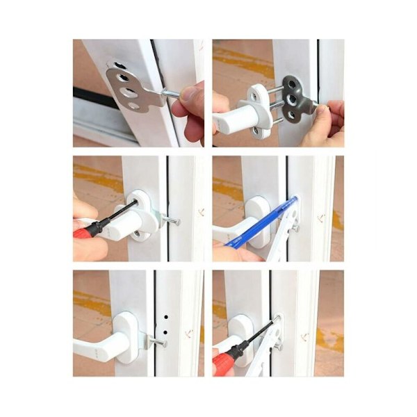 Valkoinen ikkuna, jossa on lyöntiluukku, vauvan turvalukko, puristussuoja, ikkunatuuletuslukko, ulospäin aukeava upvc-ikkunalle, puulle ja alumiinille