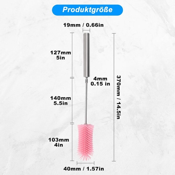 1 pinkki pullosivellin - silikoni - pitkä kahva - Pituus: 37 cm - pyörivä toiminto syväpuhdistukseen - vesipullo, lasi ja maitopullo