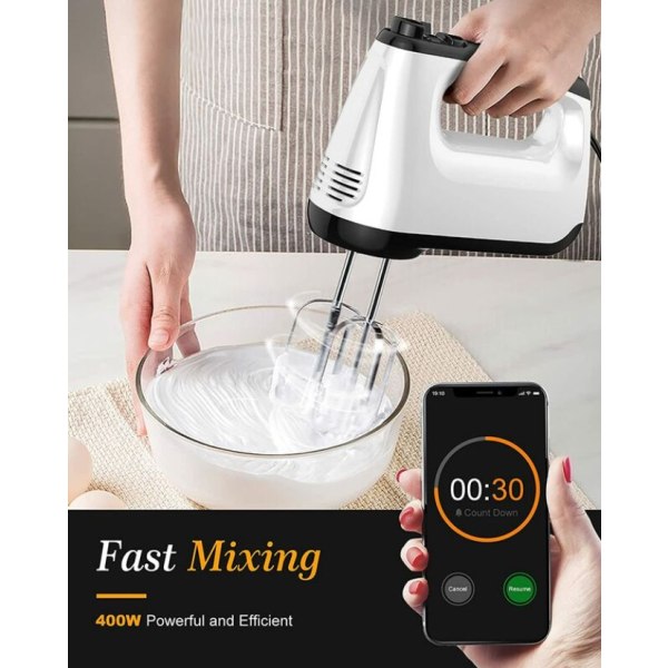 Håndmixer, 6 hastighedsindstillinger 400W med 2 piskeris og 2 dejkroge, turbofunktion, udkastningsknapdesign, bærbar mixer