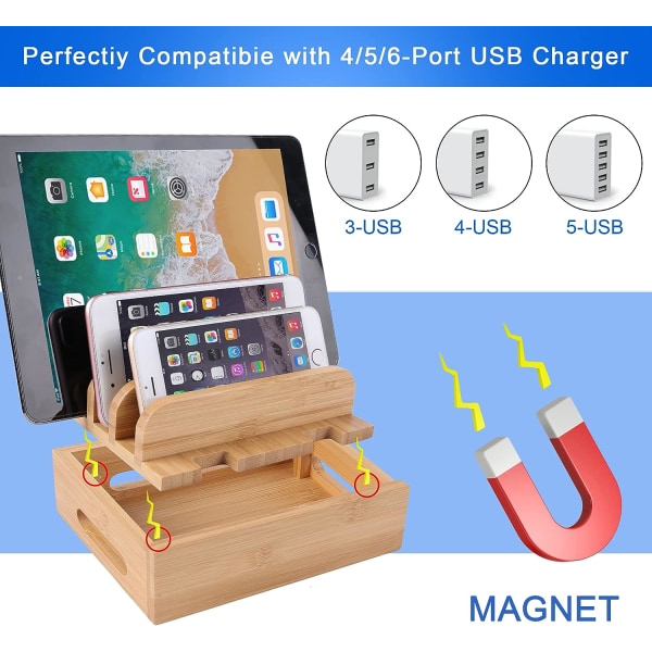 Bamboo Wood Desktop Multi-Device Cords Organizer Stand og Chargi