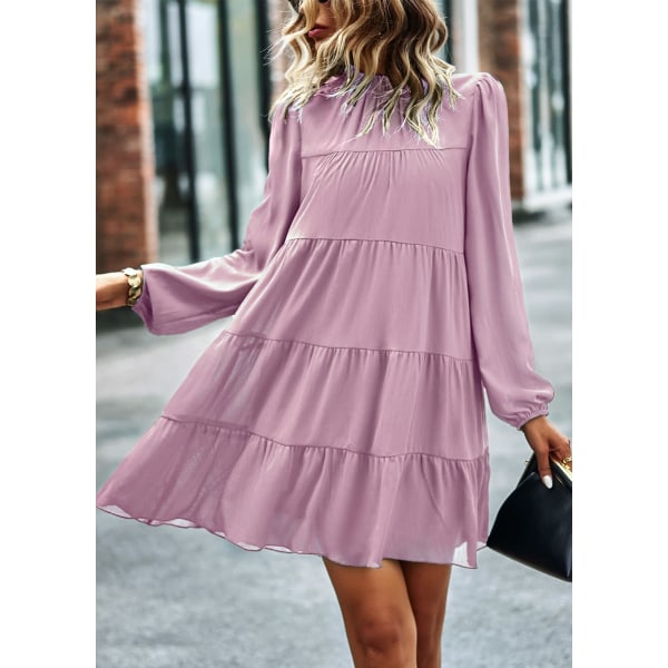 2023 Kvinners Vår Sommer Lang Ermet Ruffle Maxi Kjole, Mock Neck Lagdelt Mini Babydoll Casual Swing Tunika Shift Kjole