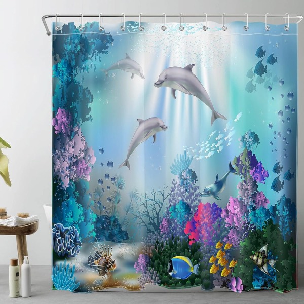 Undervanns dusjforheng med kroker, 180x200cm delfiner fisk korallmønstret badeforheng, vanntett muggsikkert vaskbart polyesterstoff