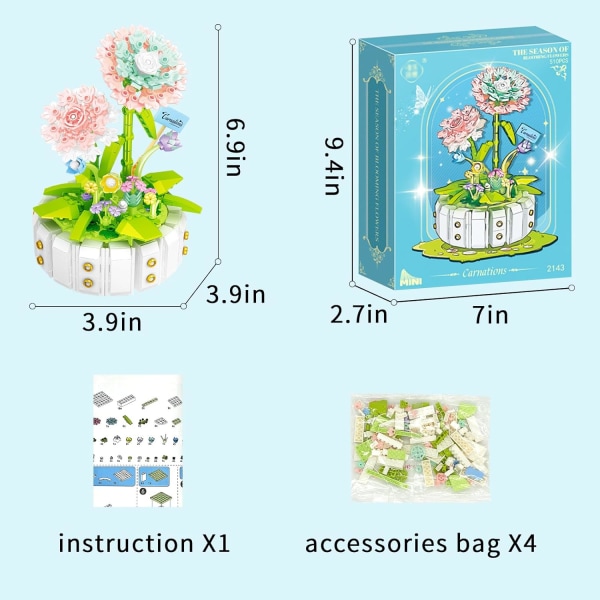 Vuxen mini blombyggstenar leksaksset Konstruktion miniatyrbyggstenar set Blomleksaksbyggstenar set Nejlika