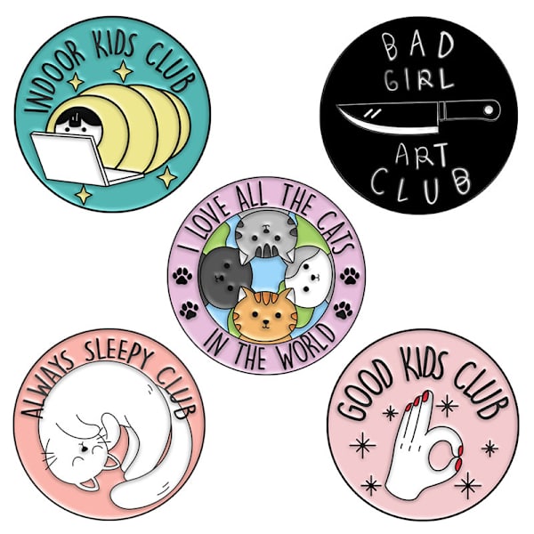 5 stk. emaljenåle søde tegneserie børnemærker, runde kattenål form, jakke/revers/rygsæk badge