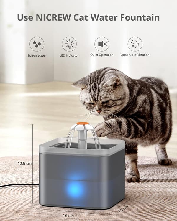 Katt og hund drikkefontene 2L, grå, stille kattevanndispenser med utskiftbart filter