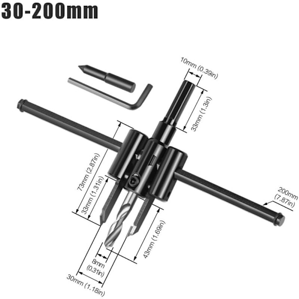 30mm till 200mm justerbar cirkelhålsåg, borr för torr träskärning, DIY trähål (30-200mm)