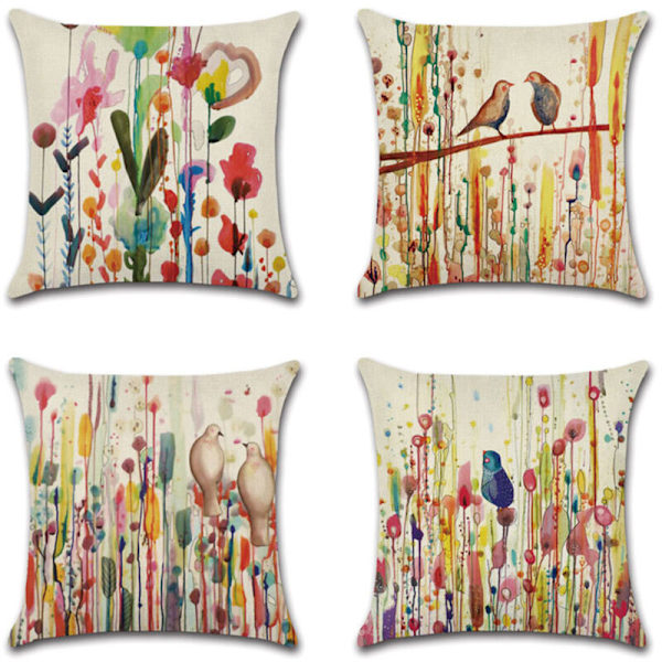 45 x 45 cm kuddfodral, set om 4 linnekuddfodral, soffa fågel blomsterdekorationer, utomhus trädgård, säng, soffa, bil (45,7 x 45,7 cm)