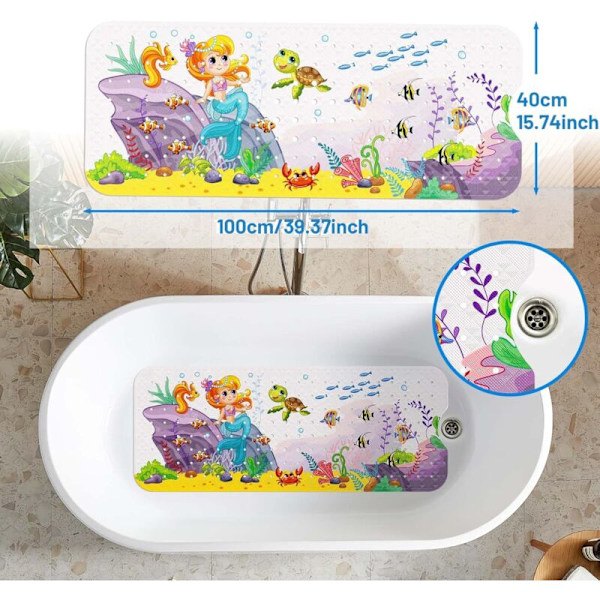 (Siren) Baby skridsikker bademåtte, skridsikker bademåtte 100 x 40 cm, robust brusemåtte med 200 sugekopper til børn og babyer, BPA-fri PVC-materiale