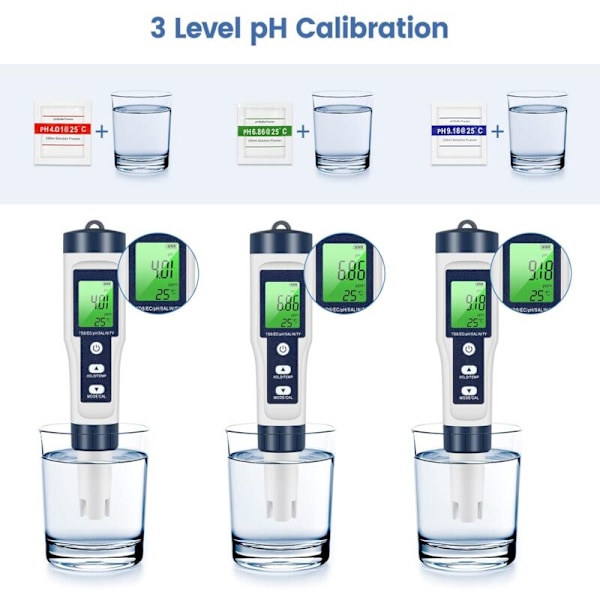 PH tds meter, vandkvalitetstester 5 i 1 pH/tds/EC/salt/temperatur tds meter lcd grønt baggrundslys til pool/akvarium/dam