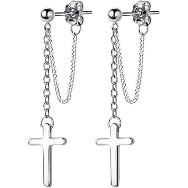 Kors Hängande Örhängen 925 Sterling Silver Kedja Hänge Kvinnor Flickor Punk Kulörhängen Hypoallergena Smycken, Metall, Inga Ädelstenar