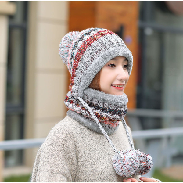 Naisten neulottu hattu- set talvella lämmin, paksunnettu virkattu pöhöttynyt pallopipo ulkoiluhiihto lumilauta polkupyörän turkisreunainen kiharahattu (harmaa)