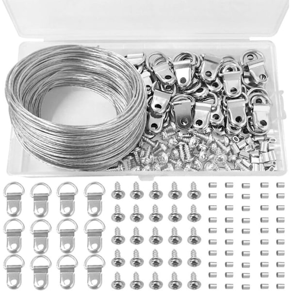 131 stk. billedramme wire og D-formede kroge sæt - Inkluderer 130 stk. billedramme ophæng, 30m ophængningswire og tilbehør i en plastikboks