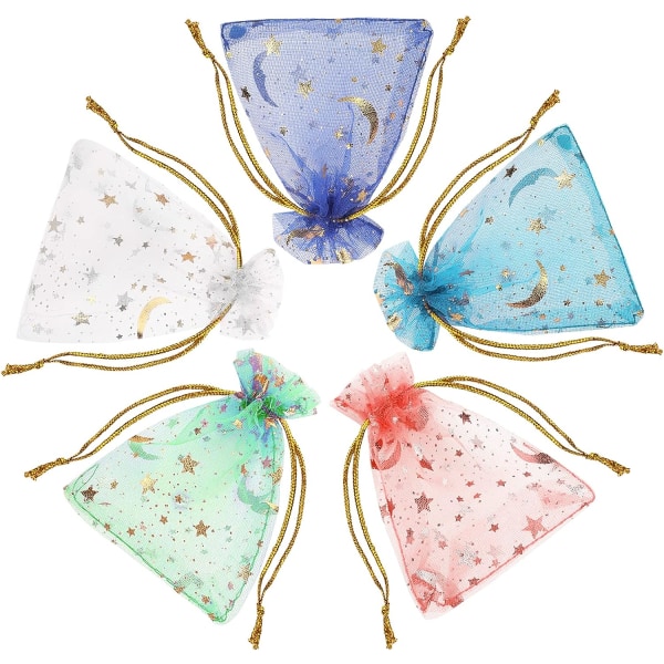 100 stk. Organza gaveposer, 7x9cm Måne Stjerner Organza poser Mesh gaveposer med snøre Smykke Favoritposer Julegodteposer til bryllup Pa