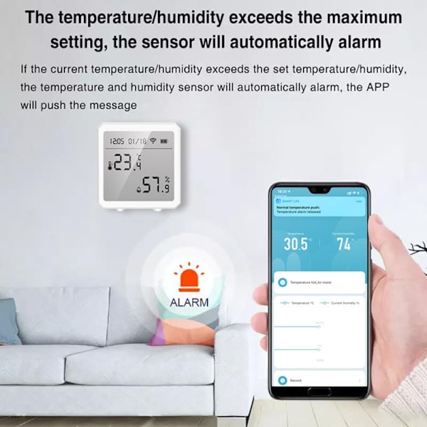 Intelligent temperatur- och fuktighetssensor - Termometer och trådlös wifi-hygrometer för hemmet, kontrollerad via Alexa-appen