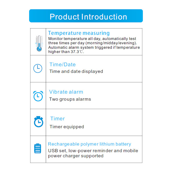 Kroppstermometer Vibrationslarm Armband Smart Armband blå
