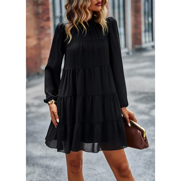 2023 Women's Spring Summer Long Sleeve Ruffle Maxi Dress, Mock Neck Layered Mini Babydoll Casual Swing Tunic Shift Dress