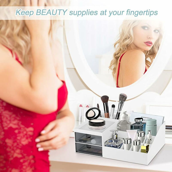Makeup Organizer, Makeup Opbevaring, Kosmetik Opbevaring med Skuffer til Skrivebordsarrangør, Makeup Organizer til Kommode, Soveværelse, Badeværelse Hvid