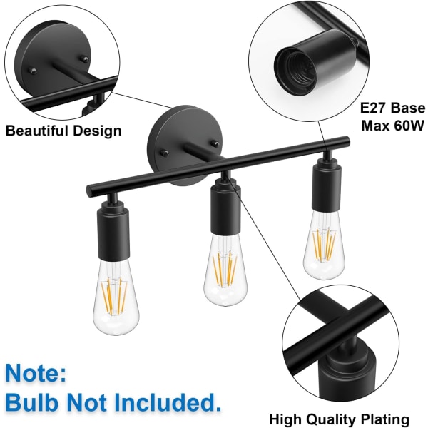 Retrospegellampa för badrum med 3 lampor, 40 cm järnspegellampa för badrum, E27 retrospegellampa, glödlampa ingår ej