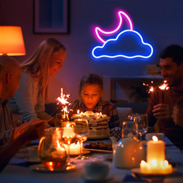 Neonskilt - Sky og måne LED-neonskilt, veggdekor neonskilt USB-drevet LED-neonskilt for soverom barnerom bryllupsfestdekorasjon