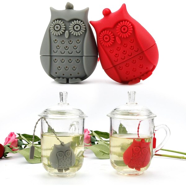 Himmelsblå, rosaröd, en bit vardera, set med 2 ugglaformade silikonteinfuser