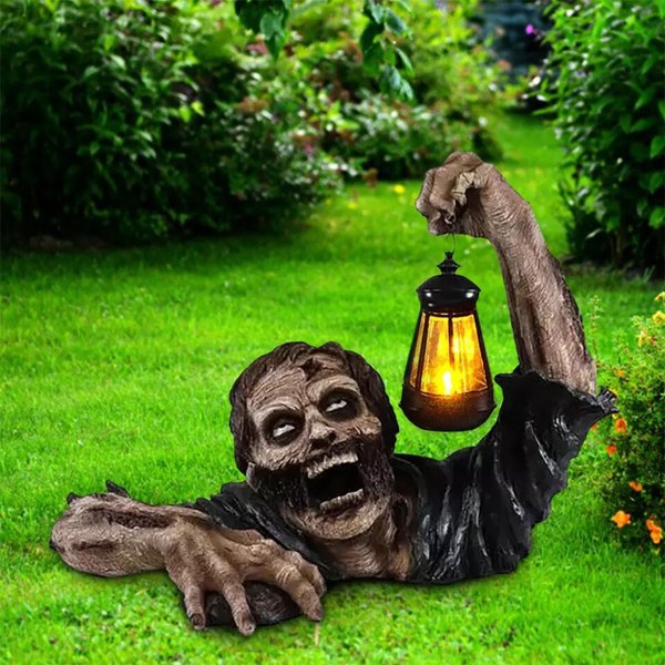 Halloween gående zombie statue med lanterne realistisk liten blomst land statue foran TV