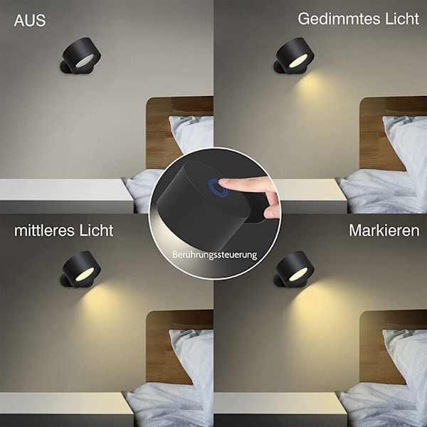 Indendørs væglampe, LED Touch væglampe med USB-ladeport, Touch-kontrol, 3 lysniveauer, 3 roterende temperaturer, 360° sengelampe til soveværelse 1 rum