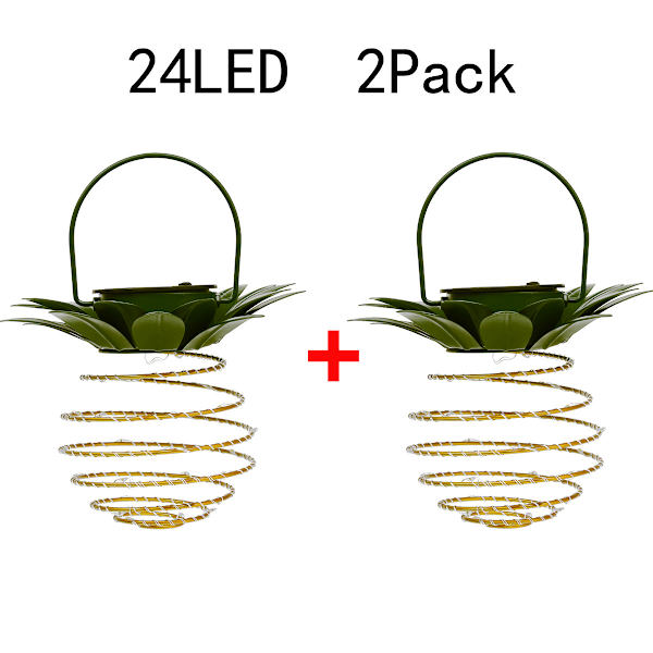 Set med 2 ananas solcellslampor utomhus, vattentäta hängande solcellslampor（24 LED)