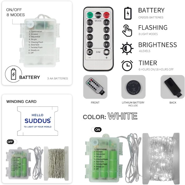 66ft 200 LED utomhus ljusslinga, vita ljusslingor batteridriven med fjärrkontroll, LED-ljusslingor för sovrum, krans, uteplats, gobeläng, Backya